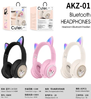 AKZ-01 Solid Color with Cat Ears (Bluetooth + TF Card Playback + Glowing Cat Ear Cover), No Audio Cable Included