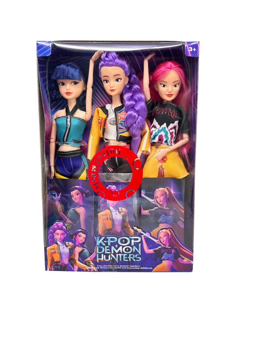 K-POP witch girl group live-action 11.5-inch 12-joint full-body Rumi stage performance dolls with colorful lights and theme songs, mixed packing of 3 characters with one collectible card
