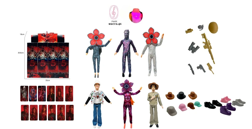 High-end 11.5-inch 11-joint full-body Stranger Things Season 5 live-action version Barbie with colorful lights, music and theme songs, equipped with one collectible card and themed suit, mixed packing of 6 styles, 12 pieces per carton