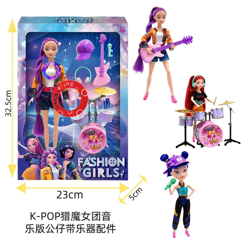 K-POP witch girl group 11.5-inch 12-joint musical theme dolls equipped with guitar, drum set, earphones, microphones and hats
