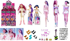 K-POP witch girl group live-action 11.5-inch 9-joint full-body singing Barbie with colorful lights and theme songs, matched with collectible card, rock guitar, hair clip and handbag, mixed packing of 3 styles, 9 pieces per carton