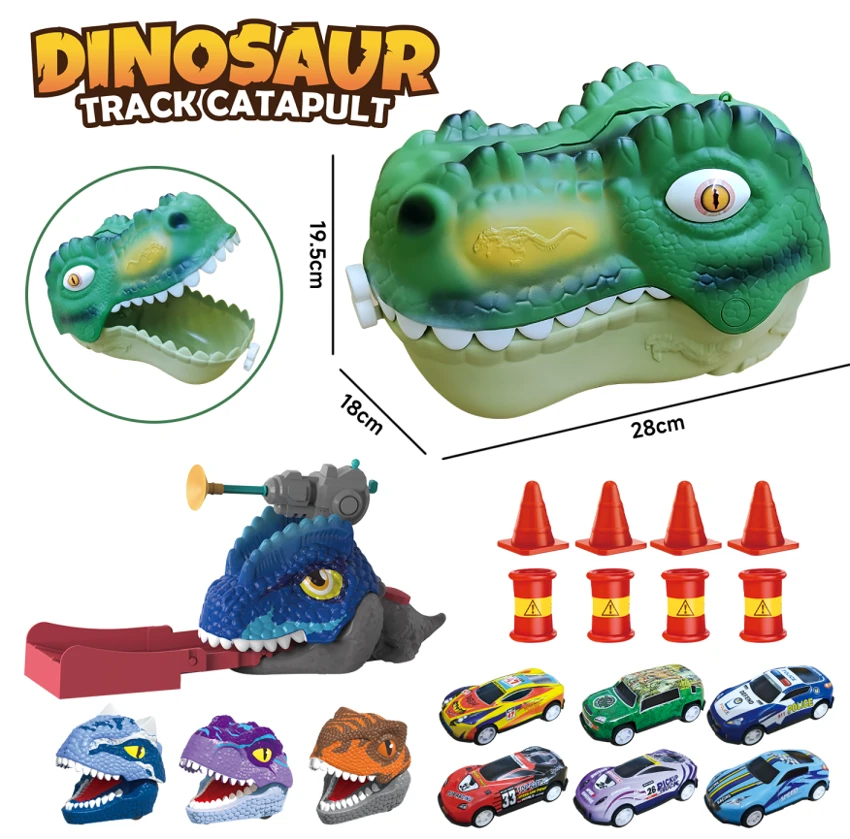 Dinosaur Head Storage Box + Swallowing Launch Track Dinosaur with Light & Sound + 3 Random Bite Finger Dinosaur Cars + 6 Random Pull Back Metal Cars