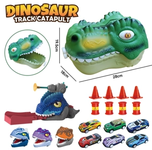 Dinosaur Head Storage Box + Swallowing Launch Track Dinosaur with Light & Sound + 3 Random Bite Finger Dinosaur Cars + 6 Random Pull Back Metal Cars