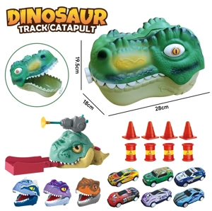 Kotak penyimpanan kepala dinosaurus + efek suara lampu dinosaurus di orbit ejeksi menelan + 3 jenis gigi acak dinosaurus jari-jari rebound mobil + 6 jenis mobil besi rebound acak