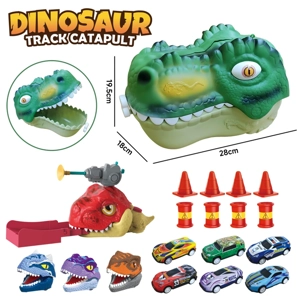 Dinosaur Head Storage Box + Swallowing Launch Track Dinosaur with Light & Sound + 3 Random Bite Finger Dinosaur Cars + 6 Random Pull Back Metal Cars