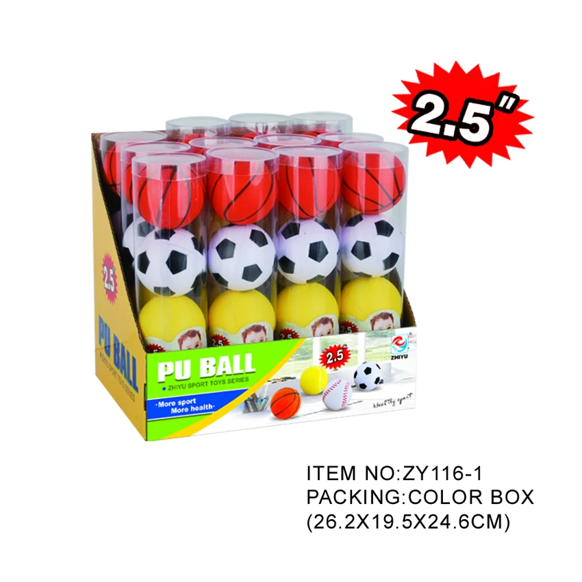 2.5-inch PU Ball: Soccer / Basketball / Tennis / Baseball (4 Styles Mixed, 12 PVC Tubes per Display Box)
