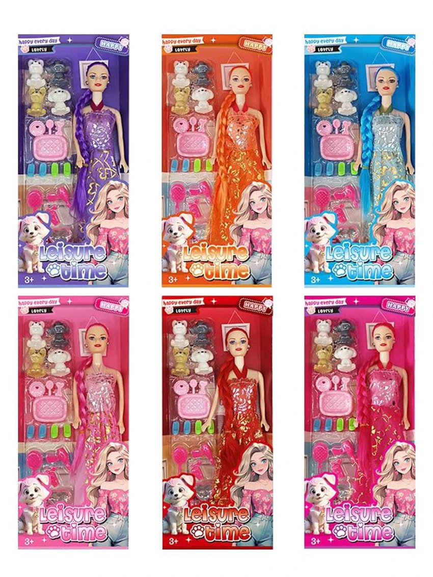 XD003A1, 11 inci 5 sendi tubuh padat Barbie boneka kepang panjang Barbie dengan bantal telinga dengan anjing peliharaan dengan sisir cermin dan sebagainya (6 campuran)