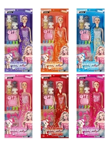 XD003A1, 11 inci 5 sendi tubuh padat Barbie boneka kepang panjang Barbie dengan bantal telinga dengan anjing peliharaan dengan sisir cermin dan sebagainya (6 campuran)