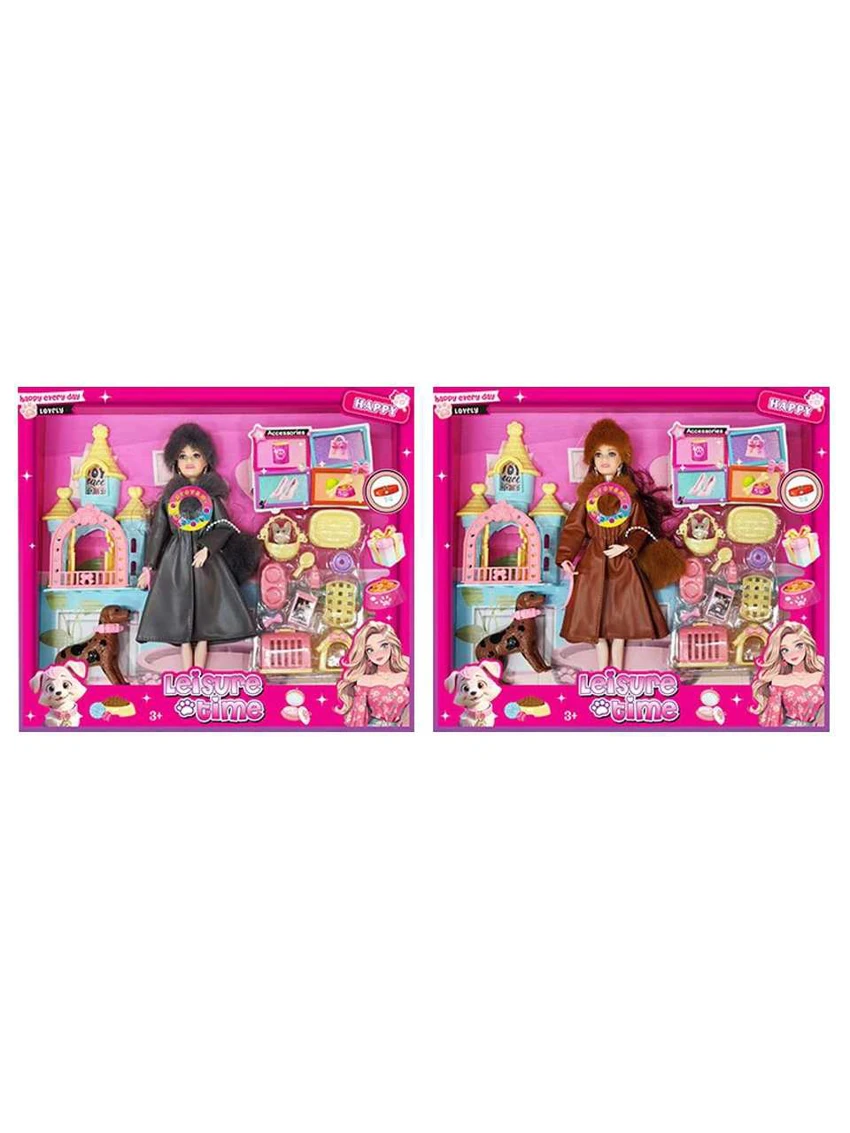 XD002A4, Copyright-free 11-inch 12-joint solid body Barbie doll, hanging floral dress with earring, blister dog accessory, castle decoration, with light and music (2 styles mixed)