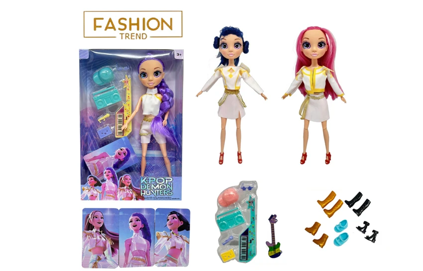 K-POP Rainbow Witch Hunter Series 12-inch 12-joint solid body with real glass eyes, surprise girl group doll with guitar theme suit and one golden card, 3 styles random mixed pack