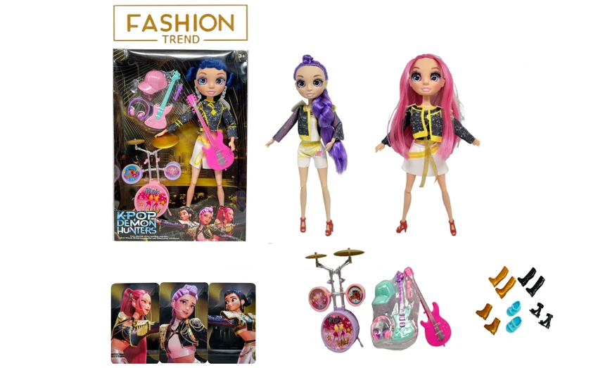 K-POP Rainbow Hunt seri 12 inci 12 sendi padat kaca mata nyata kejutan boneka wanita berburu setan dengan gong dan drum tema set kartu emas mink satu 3 campuran acak.