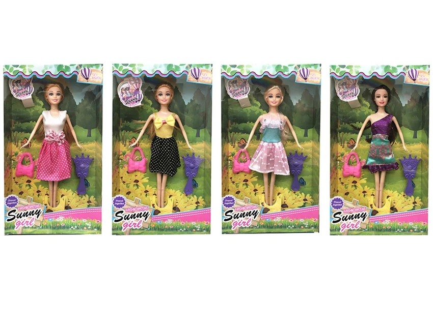 11.5-inch solid body movable hand Barbie with mini dress, 4 styles mixed pack with handbag