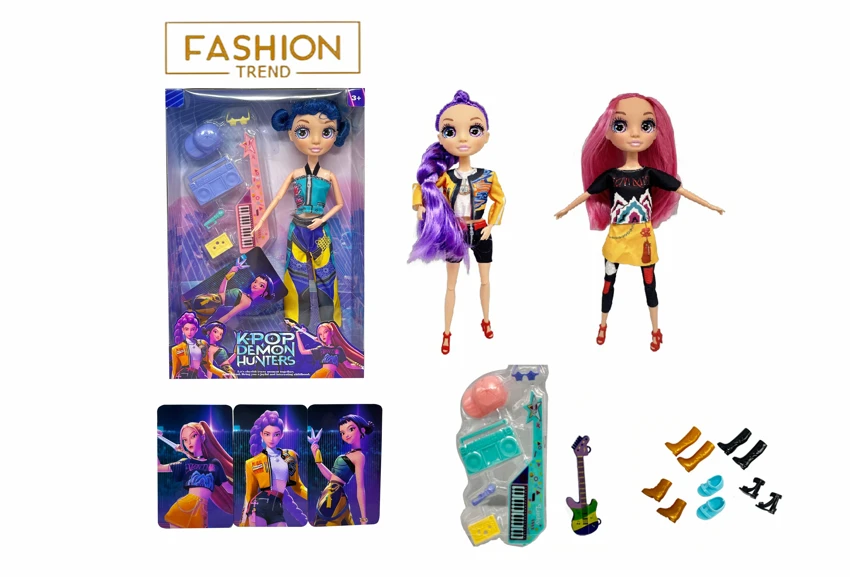 K-POP Rainbow Witch Hunter Series 12-inch 12-joint solid body with real glass eyes, surprise girl group doll with guitar theme suit and one golden card, 3 styles random mixed pack