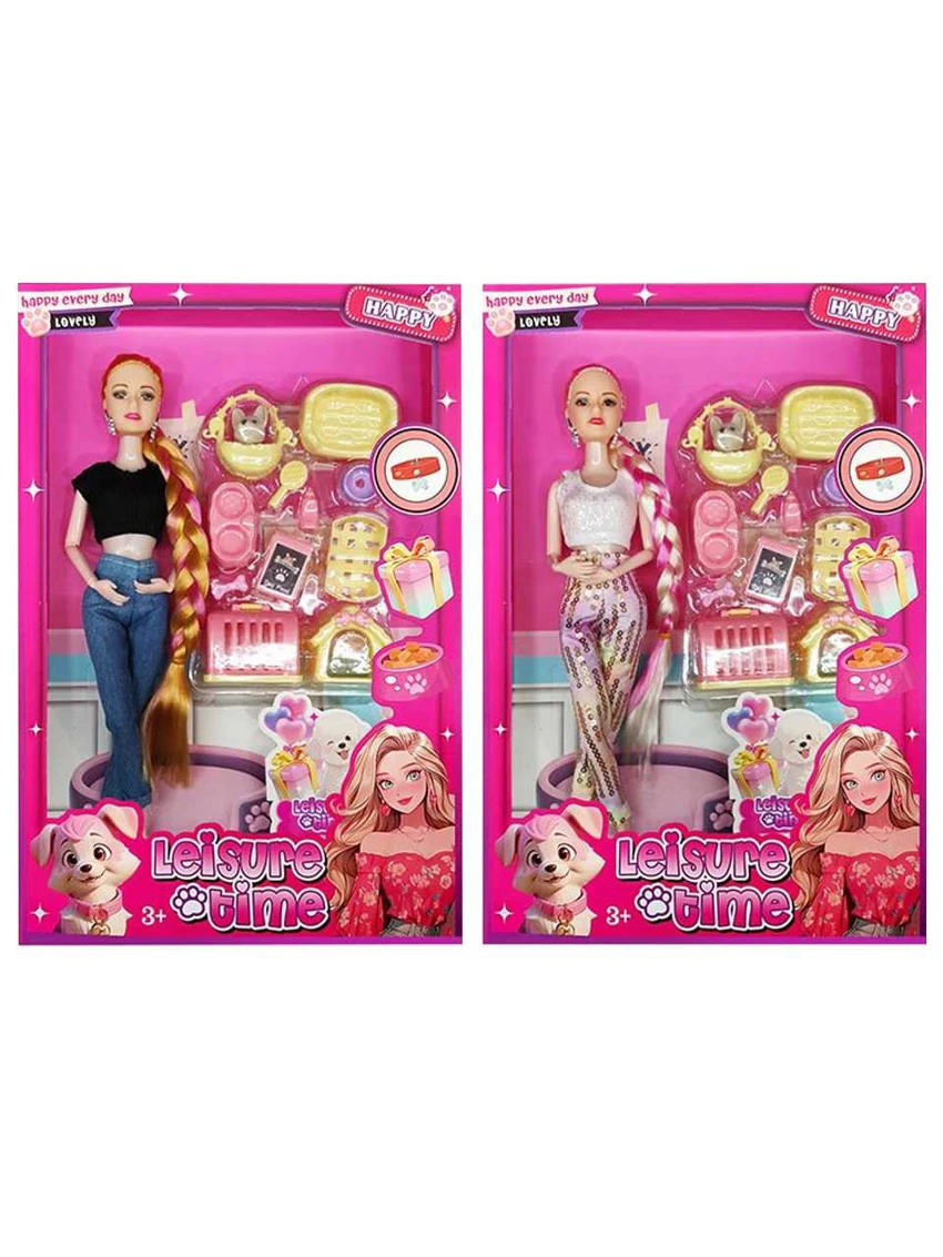 XD001B7, 11 inci badan pepejal 12 sendi badan Barbie rambut panjang dengan tudung telinga dengan aksesori anjing plastik (2 campuran)