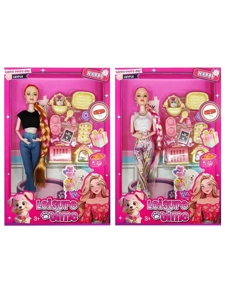 XD001B7, 11 inci badan pepejal 12 sendi badan Barbie rambut panjang dengan tudung telinga dengan aksesori anjing plastik (2 campuran)