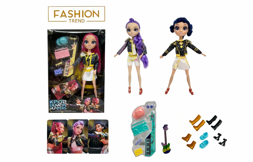 K-POP Rainbow Witch Hunter Series 12-inch 12-joint solid body with real glass eyes, surprise girl group doll with guitar theme suit and one golden card, 3 styles random mixed pack