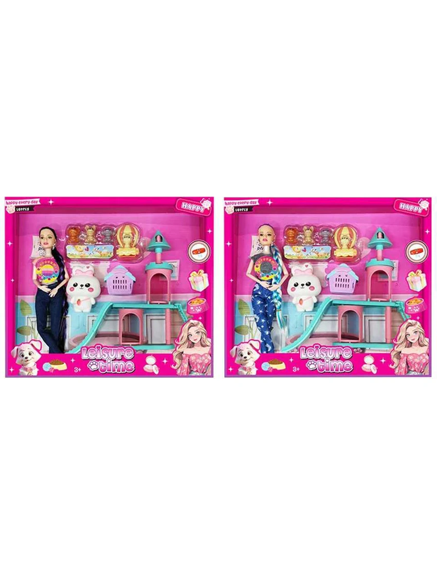 XD002A3, Copyright-free 11-inch 12-joint solid body Barbie doll, long braided hair with earring, blister dog accessory, castle decoration, with light and music (2 styles mixed)