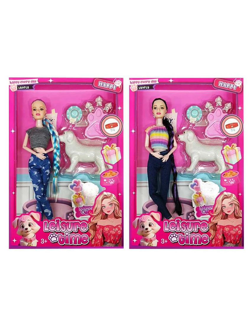 XD001B5, 11-inch 12-joint solid body Barbie doll, long braided hair with earring, blister dog accessory (2 styles mixed)