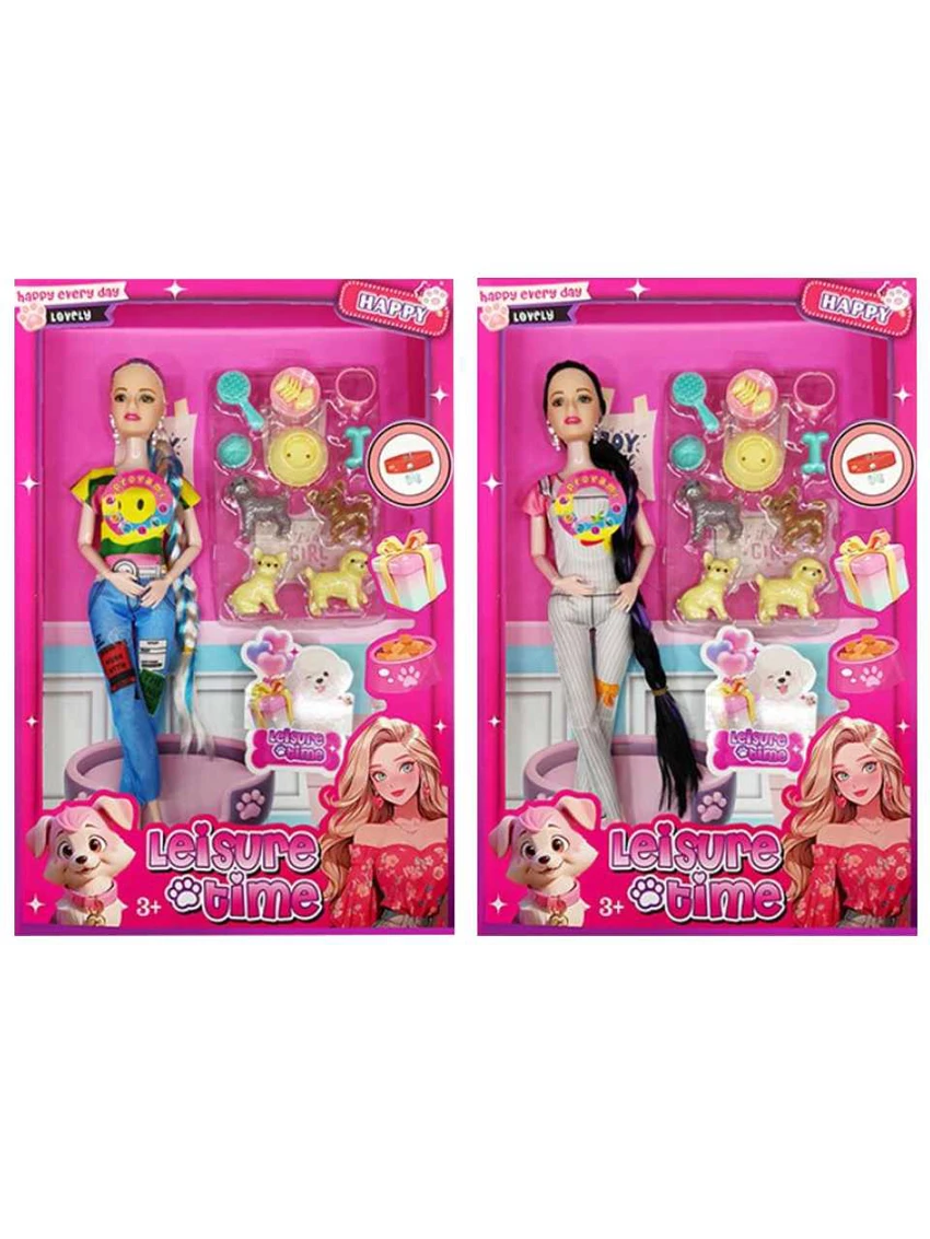 XD001A1, 11 inci badan pepejal 12 sendi badan Barbie rambut panjang dengan tudung telinga dengan aksesori anjing plastik dengan muzik cahaya (2 campuran)