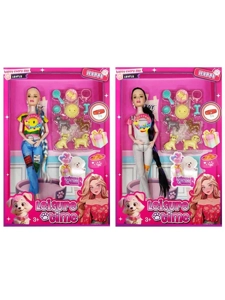 XD001A1, 11 inci badan pepejal 12 sendi badan Barbie rambut panjang dengan tudung telinga dengan aksesori anjing plastik dengan muzik cahaya (2 campuran)