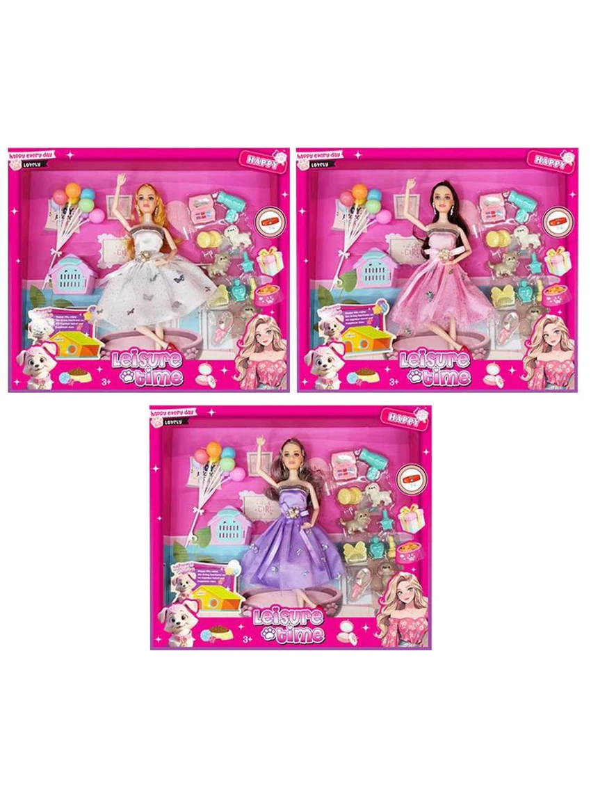 XD002B9, Copyright-free 11-inch 12-joint solid body Barbie doll, hanging floral dress with earring, blister dog accessory, balloon decoration (3 styles mixed)