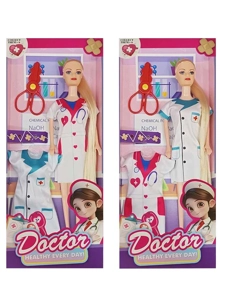 XD006A3, 11 inci 5 sendi tubuh padat Barbie perawat rambut panjang Barbie dengan pakaian pengganti dengan alat medis gunting (2 campuran)