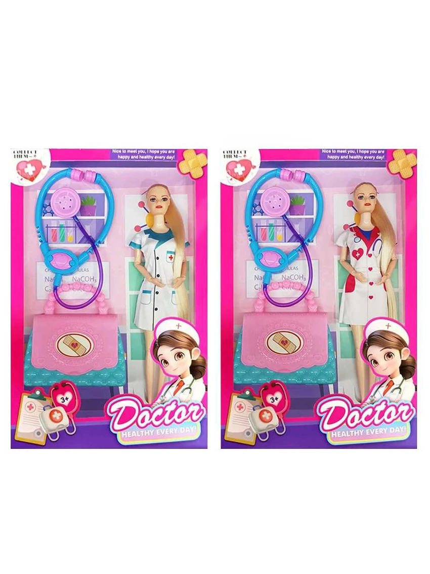 XD007A2, 11-inch 12-joint solid body Barbie doll, long hair nurse style with stethoscope and medical kit (2 styles mixed)
