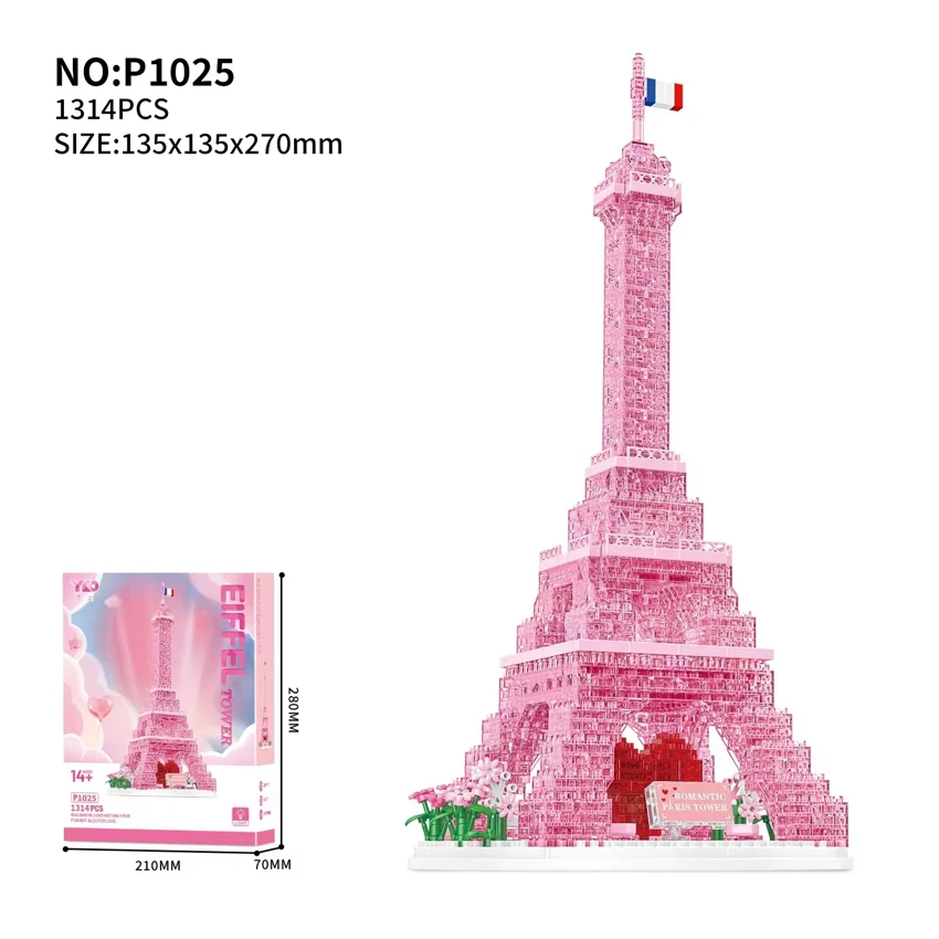Menara Paris merah jambu telus dengan tali lampu (1314PCS)