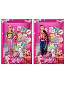 XD001B4, 11 inci badan pepejal 12 sendi badan Barbie rambut panjang dengan tudung telinga dengan aksesori anjing plastik (2 campuran)