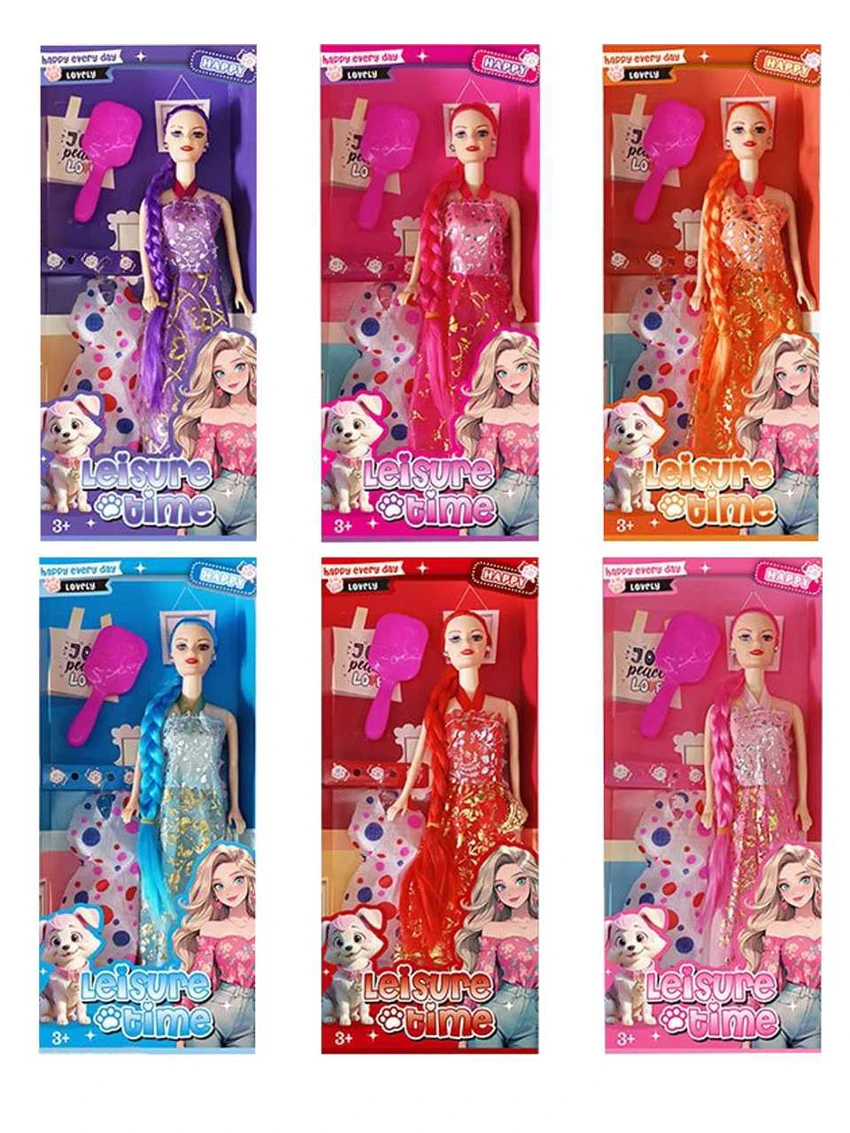 XD003A5, 11-inch 5-joint solid body Barbie doll, long braided hair with earring, hanging clothes and comb (6 styles mixed)