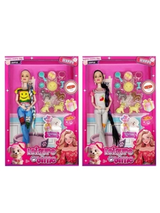XD001B1, 11 inci badan pepejal 12 sendi badan Barbie rambut panjang dengan tudung telinga dengan aksesori anjing plastik (2 campuran)