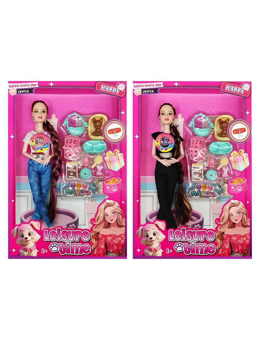 XD001A6, 11 inci tubuh padat 12 sendi tubuh Barbie kepang panjang dengan bantal telinga dengan aksesoris anjing blasted dengan musik cahaya (2 campuran)