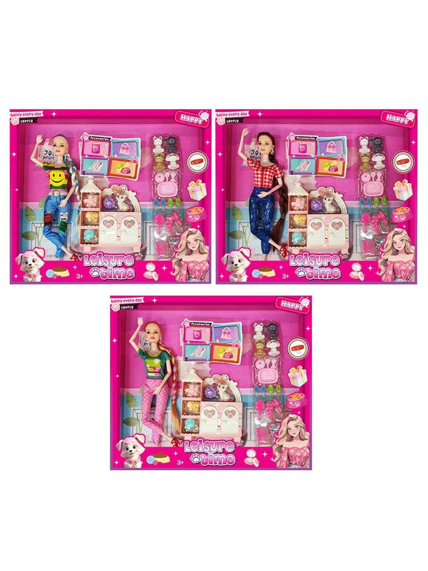 XD002B7, non-pelanggaran 11 inci padat 12 sendi tubuh Barbie kepang panjang dengan paku telinga dengan aksesoris anjing blast (3 campuran)