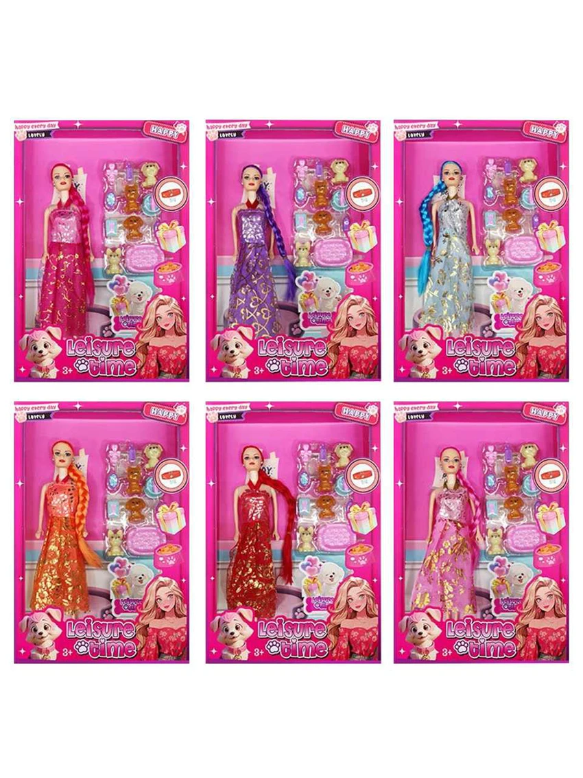 XD001C2, 11-inch 5-joint solid body Barbie doll, long braided hair with earring, blister dog accessory (6 styles mixed)
