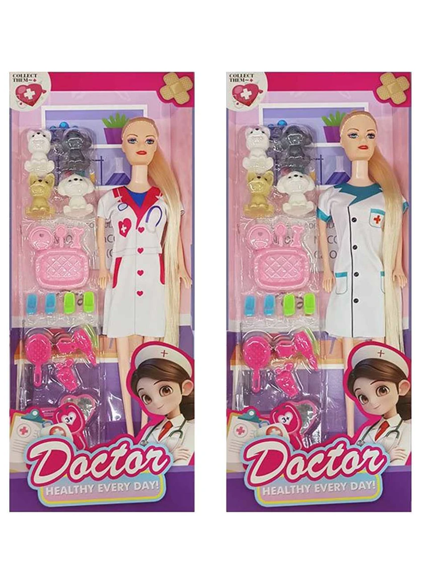 XD006A4, 11 inci 5 sendi tubuh padat Barbie perawat rambut panjang Barbie dengan aksesoris dengan anjing peliharaan (2 campuran)
