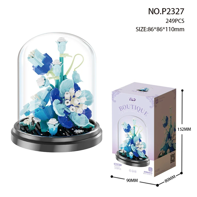 ดอกไม้สีฟ้า<br/>(พร้อมฝาครอบใส + ฐานสีดํา) 249 ชิ้น