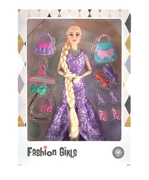 11.5 9 inci sendi gaun tubuh yang padat besar kepang Barbie dengan tas tangan, tas sepatu, gantungan dan aksesoris plastik lainnya