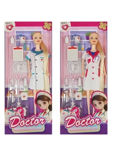 XD006A5, 11 inci 5 sendi badan pepejal Barbie Barbie rambut panjang jururawat dengan peralatan perubatan (2 campuran)