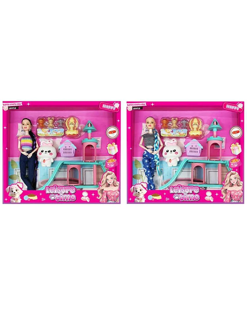 XD002B3, tidak melanggar 11 inci badan pepejal 12 sendi badan Barbie panjang dengan tudung telinga dengan aksesori anjing plastik dengan istana (2 campuran)