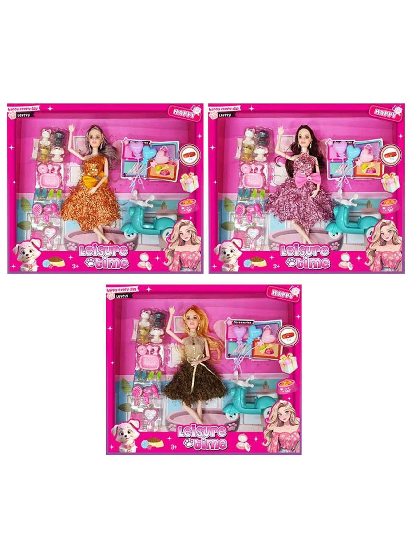 XD002B6, tidak melanggar 11 inci badan pepejal 12 sendi badan Barbie menggantung bunga dengan tudung telinga dengan aksesori anjing plastik dengan motosikal (3 jenis campuran)