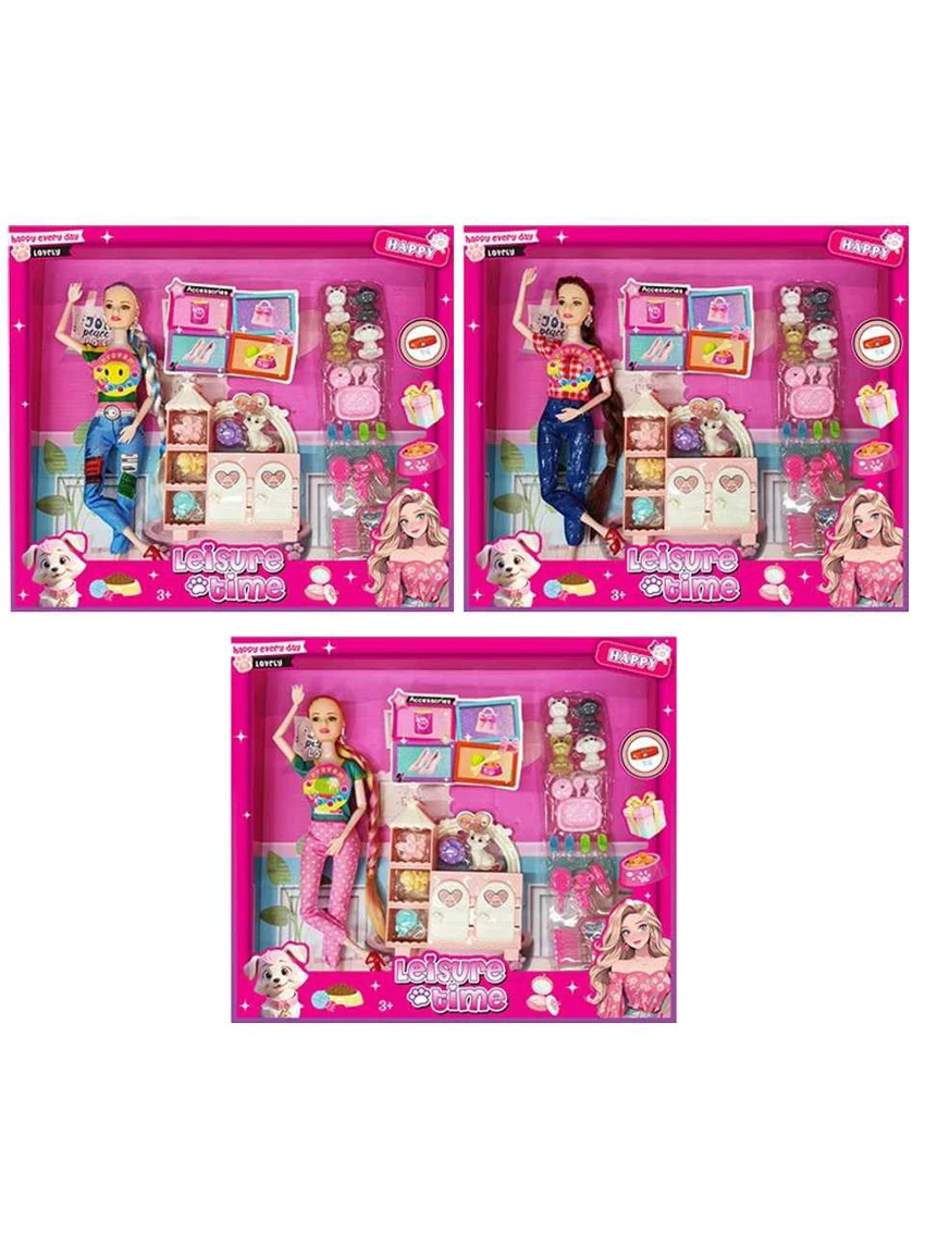 XD002A7, Copyright-free 11-inch 12-joint solid body Barbie doll, long braided hair with earring, blister dog accessory, with light and music (3 styles mixed)