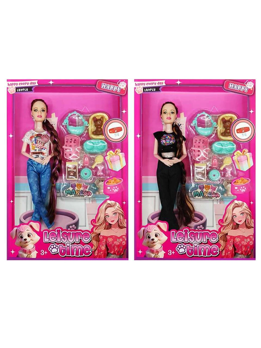 XD001B6, 11 inci tubuh padat 12 sendi tubuh Barbie kepang panjang dengan bantal telinga dengan aksesoris anjing blister (2 campuran)