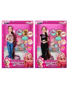 XD001B6, 11 inci badan pepejal 12 sendi badan Barbie rambut panjang dengan tudung telinga dengan aksesori anjing plastik (2 campuran)
