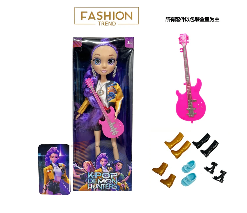 K-POP Rainbow Hunt Siri 1 ke 1 12 inci 12 sendi badan pepejal kaca sebenar mata kejutan boneka wanita berburu sihir dengan anting-anting dengan gitar dengan kad emas mink