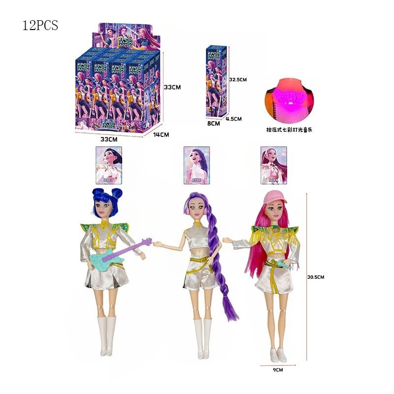 Pemburu sihir K-POP dengan kad dengan gitar, topi, mikrofon, fon kepala Lampu berwarna-warni Muzik 11 inci 12 sendi Kotak buta pepejal Pembungkusan 12PCS