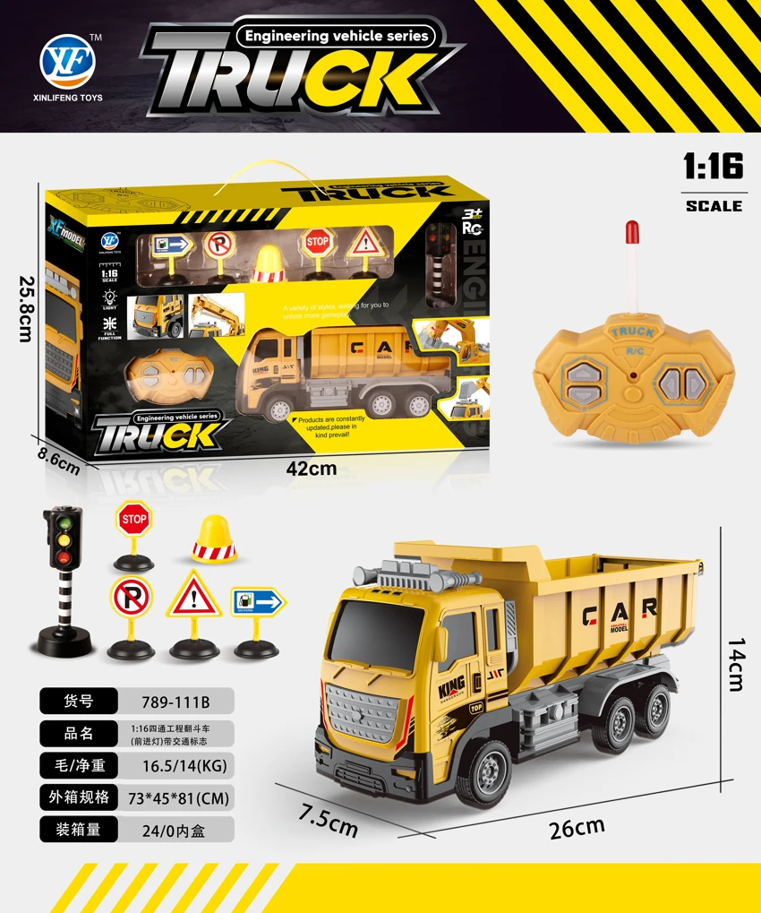 1:16 Trolley Dumper (Lampu Maju) dalam kotak hadiah, dengan tanda-tanda lalu lintas
