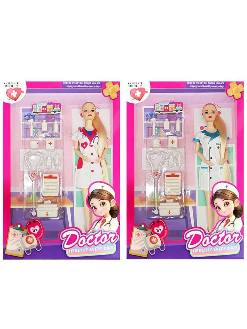 XD007A4, 11 inci 12 sendi badan pepejal Barbie Barbie rambut panjang jururawat dengan peralatan perubatan (2 campuran)