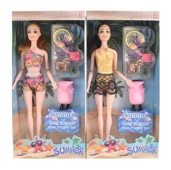 Summer swimsuit 11.5-inch 12-joint solid body female Barbie with earphones, pet, camera and backpack