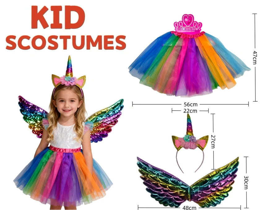 กระโปรงเจ้าหญิงเด็กคอสเพลย์กระโปรงสั้นยูนิคอร์นที่คาดผม + ปีก (หนา) สี