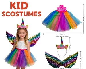 Kids Pretend Play Princess Dress with Unicorn Headband & Wings (Thickened), Multi-color